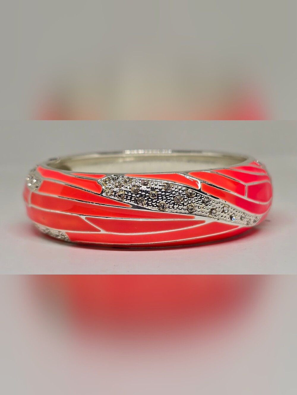 Bright Pink & Orange Enamel Hinged Bangle Bracelet Adorned w/ small Crystals.